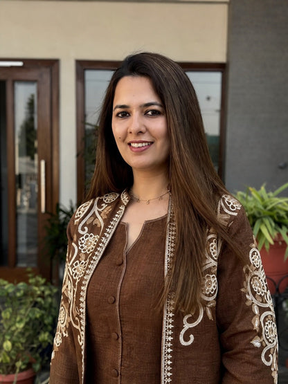 Mocha Brown Floral Embroidered Jacket Set