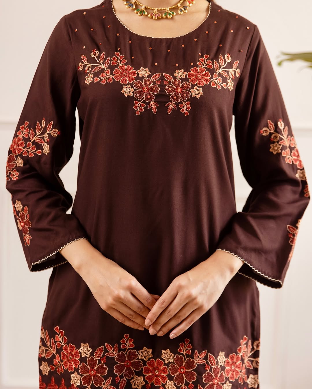 Chocolate Brown Floral Embroidered Kurta Palazzo Set