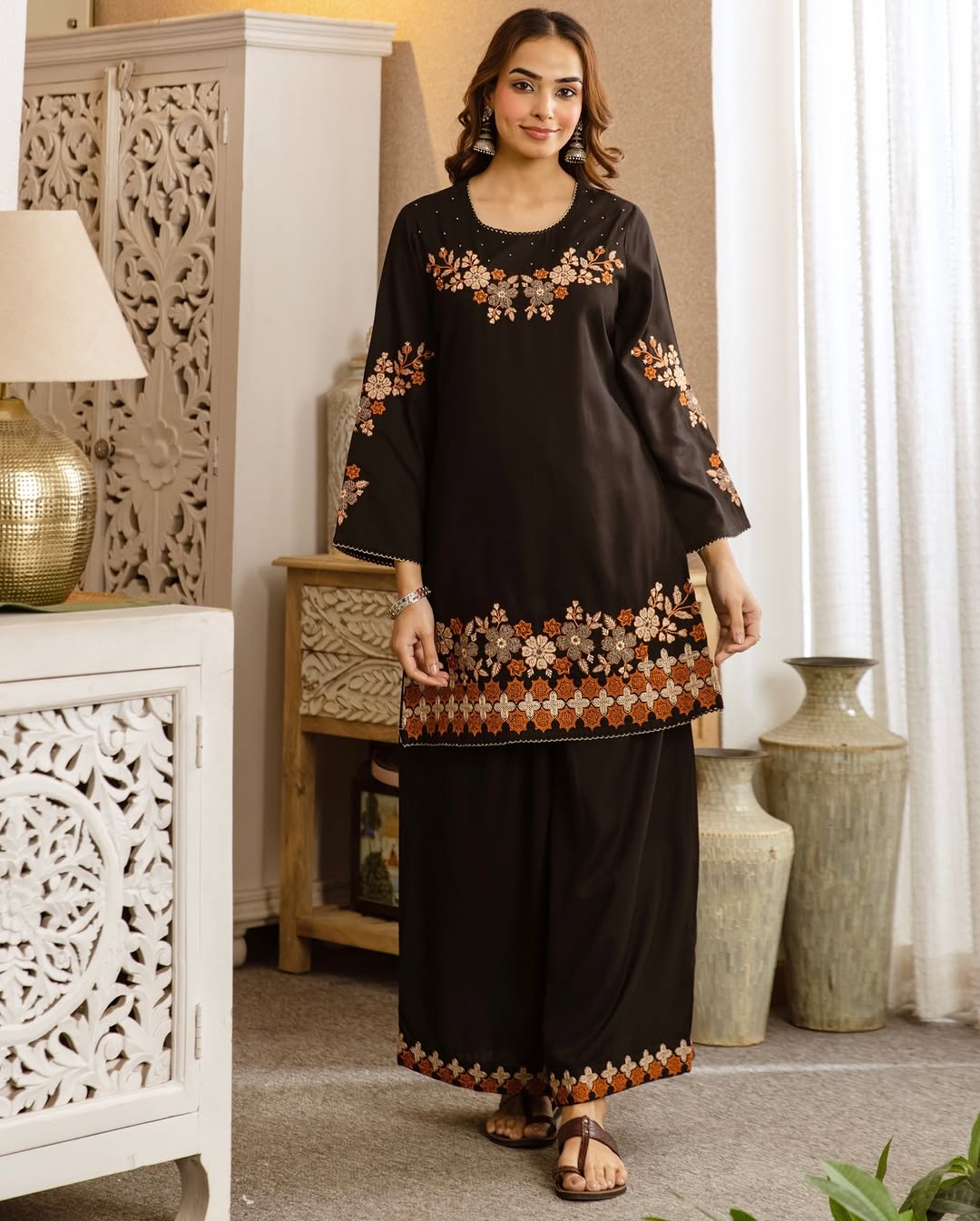 Black Floral Embroidered Kurta Palazzo Set