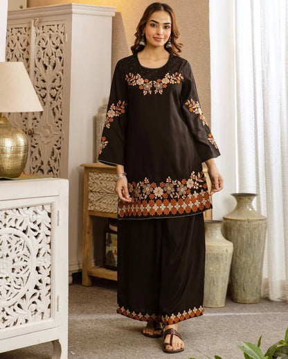 Black Floral Embroidered Kurta Palazzo Set