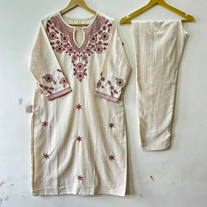 Zoya Beige Embroidered Kurta Pant & Dupatta Set