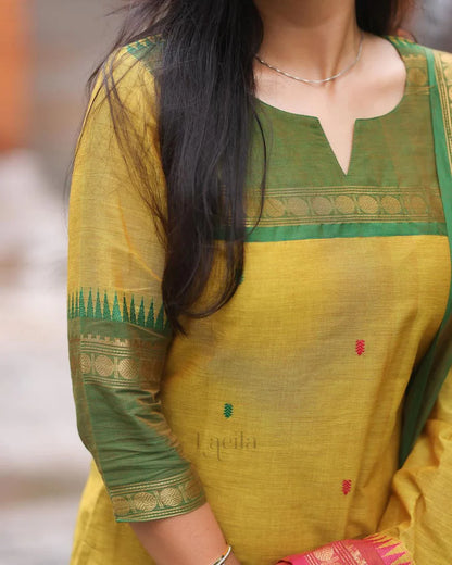 Elegant Kanchi Cotton Suit Set With Jacquard Dupatta
