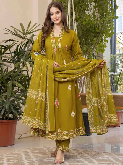 Olive Green Printed Anarkali Kurta Set with Dupatta