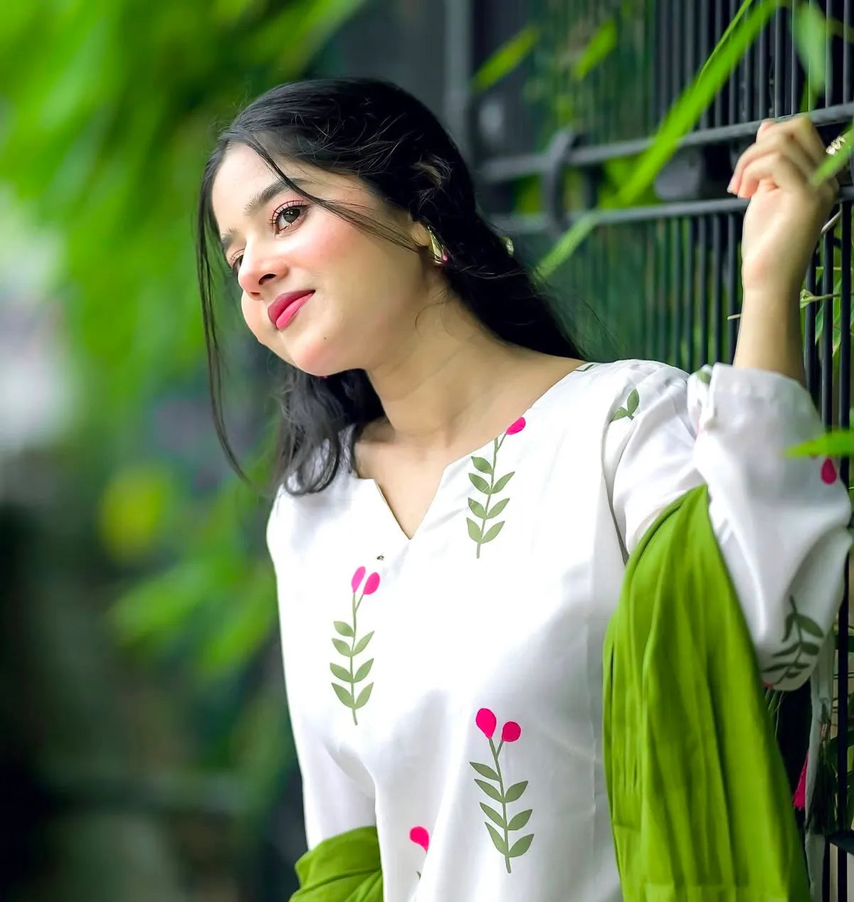 Gulbahar White Floral Patiala Suit Set with Olive Green Dupatta