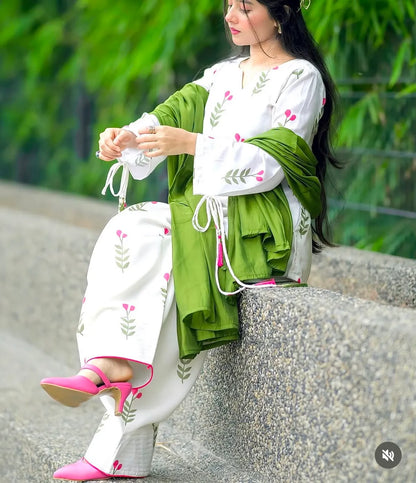 Gulbahar White Floral Patiala Suit Set with Olive Green Dupatta