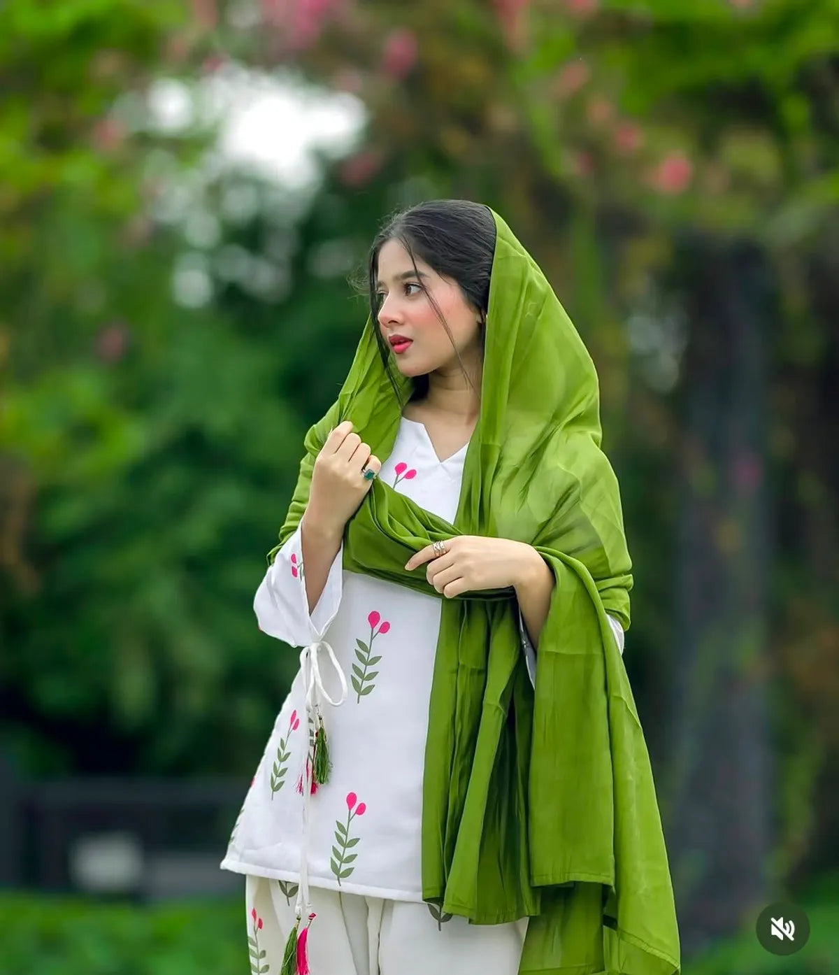 Gulbahar White Floral Patiala Suit Set with Olive Green Dupatta