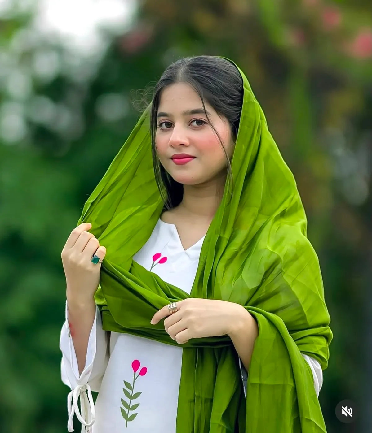 Gulbahar White Floral Patiala Suit Set with Olive Green Dupatta