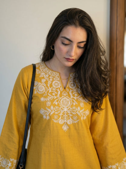 Embroidery Yellow Cotton Kurta Set with Palazzo Pants