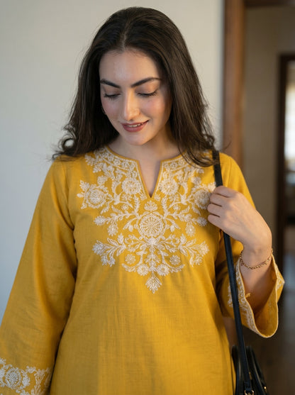 Embroidery Yellow Cotton Kurta Set with Palazzo Pants