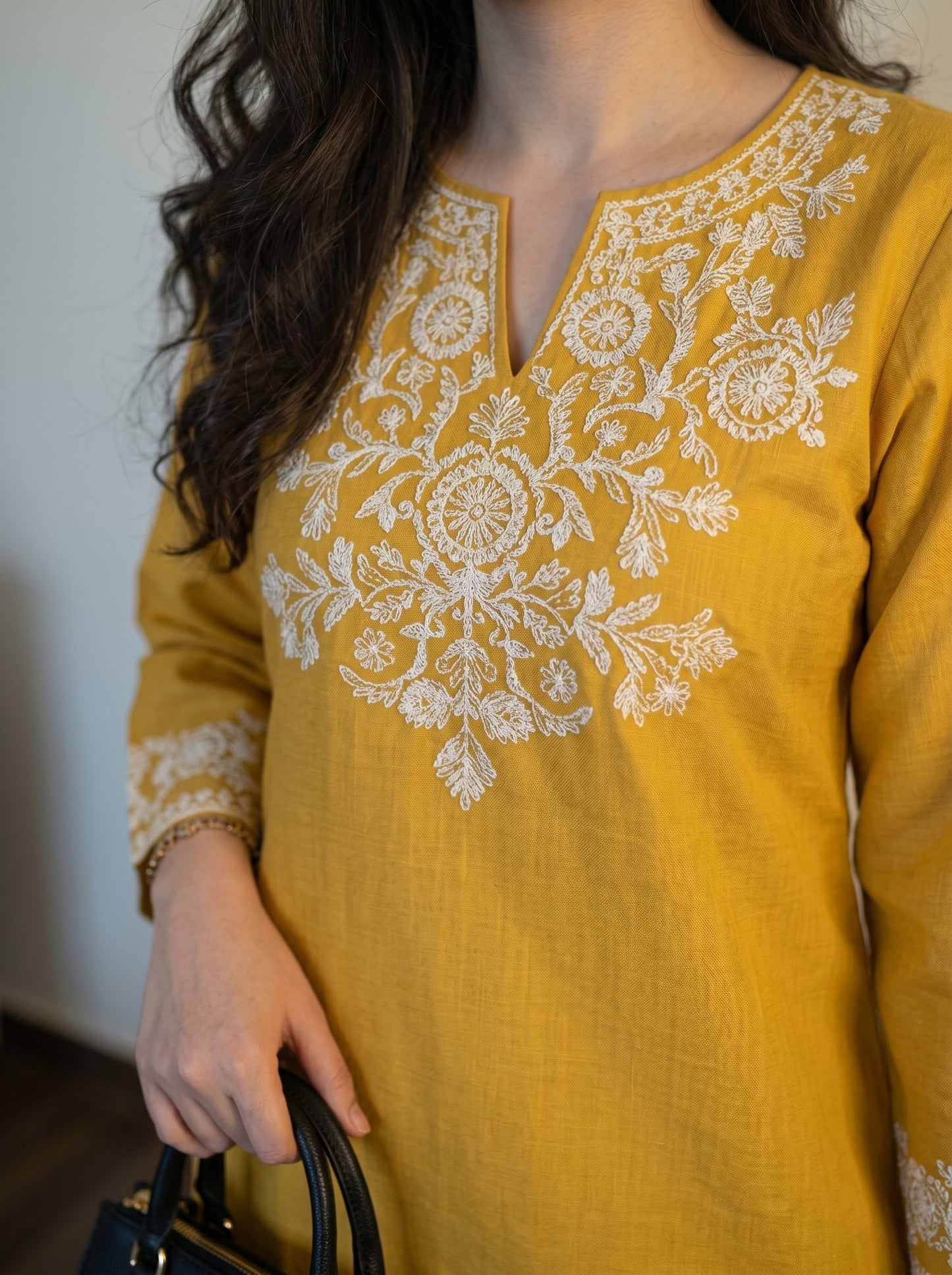 Embroidery Yellow Cotton Kurta Set with Palazzo Pants