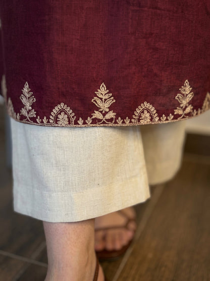 Embroidery Red Cotton Kurta Set with Palazzo Pants